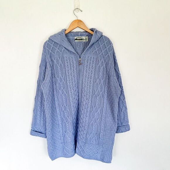 Aran Crafts Blue  Vintage Merino Wool Longer Length Full Zip Hooded Fisherman Kn - Picture 1 of 9